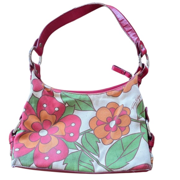 Tommy Hilfiger Floral Print Canvas Shoulder Bag Y2K Purse Hobo - Picture 1 of 6